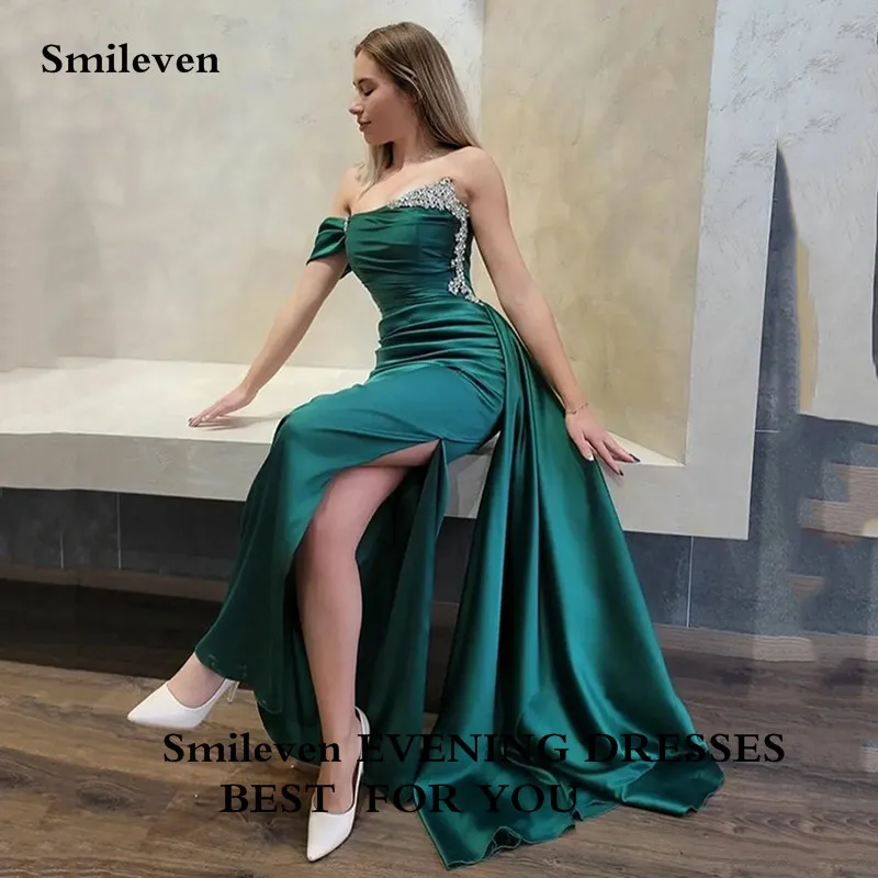 

Smileven Dark Green Beading Mermaid Prom Dresses Off The Shoulder Evening Dress Robe De Mariee Side Split Party Gowns 2023