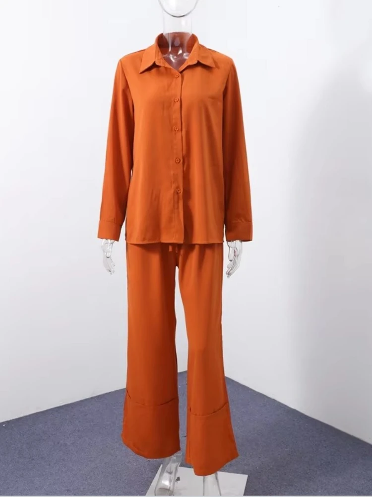 طقم مكون من قطعتين للسيدات على الموضة لصيف 2025 بتصميم جديد للتنقل مع ياقة قميص واحد الصدر ومجموعة سراويل واسعة الساق