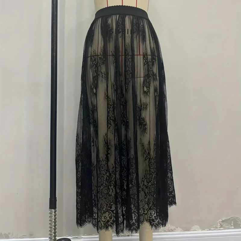 Letnia spódnica damska HKSH, elastyczna talia, koronkowe, prześwitujące wstawki, plisowana, seksowna, w stylu dark gothic, modna, HK14486