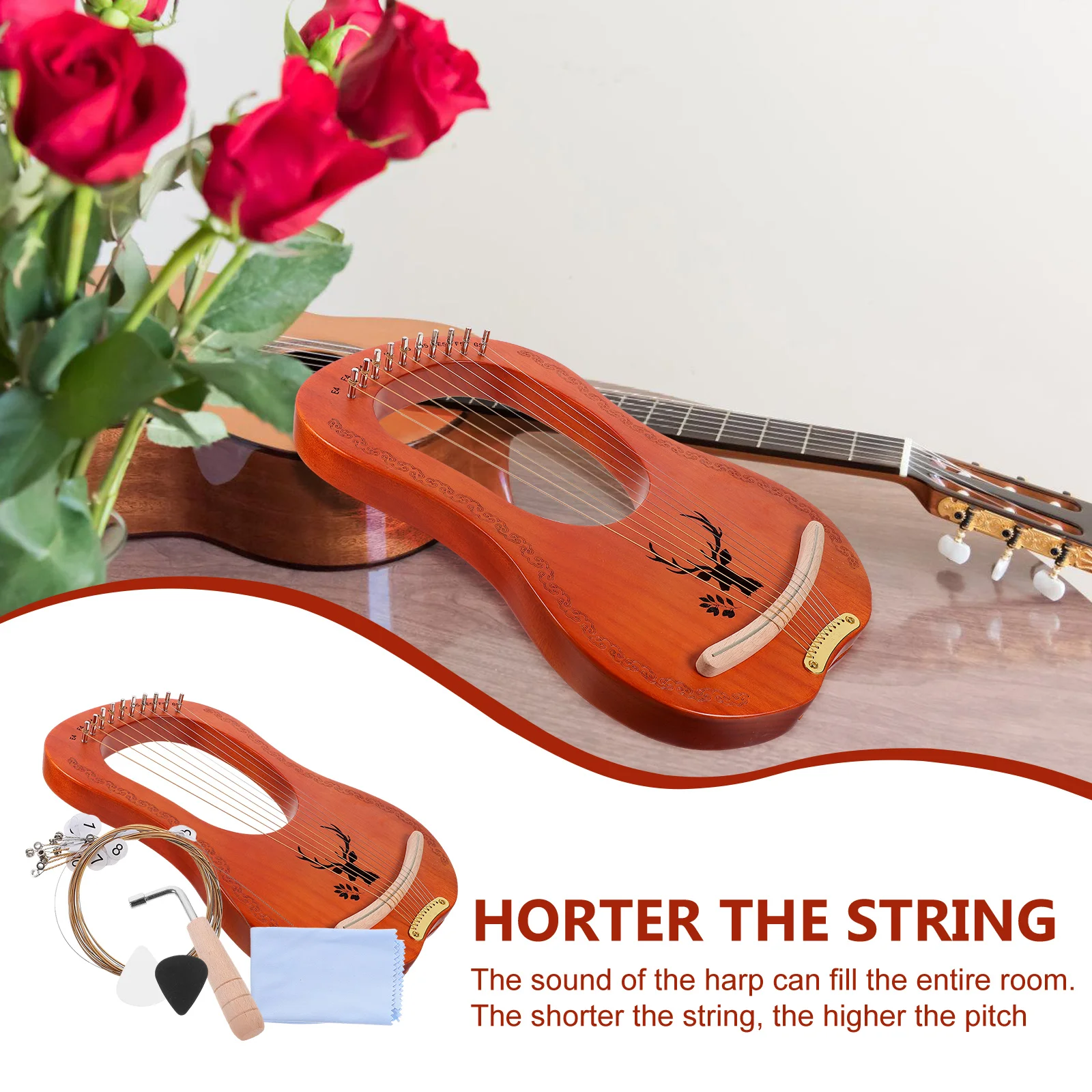 

Elk Box Piano Harp Instrument Musical 10-String Ancient Style Lyre with Tuning Wrench