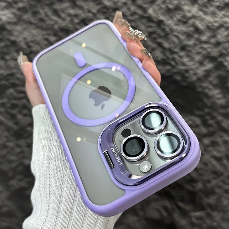 Luxe Magnetische Schokbestendige Telefoonhoes Voor Iphone 16 15 14 13 12 11 Pro Max Plus Pro Funda Stand Glazen Lensbescherming Achterkant