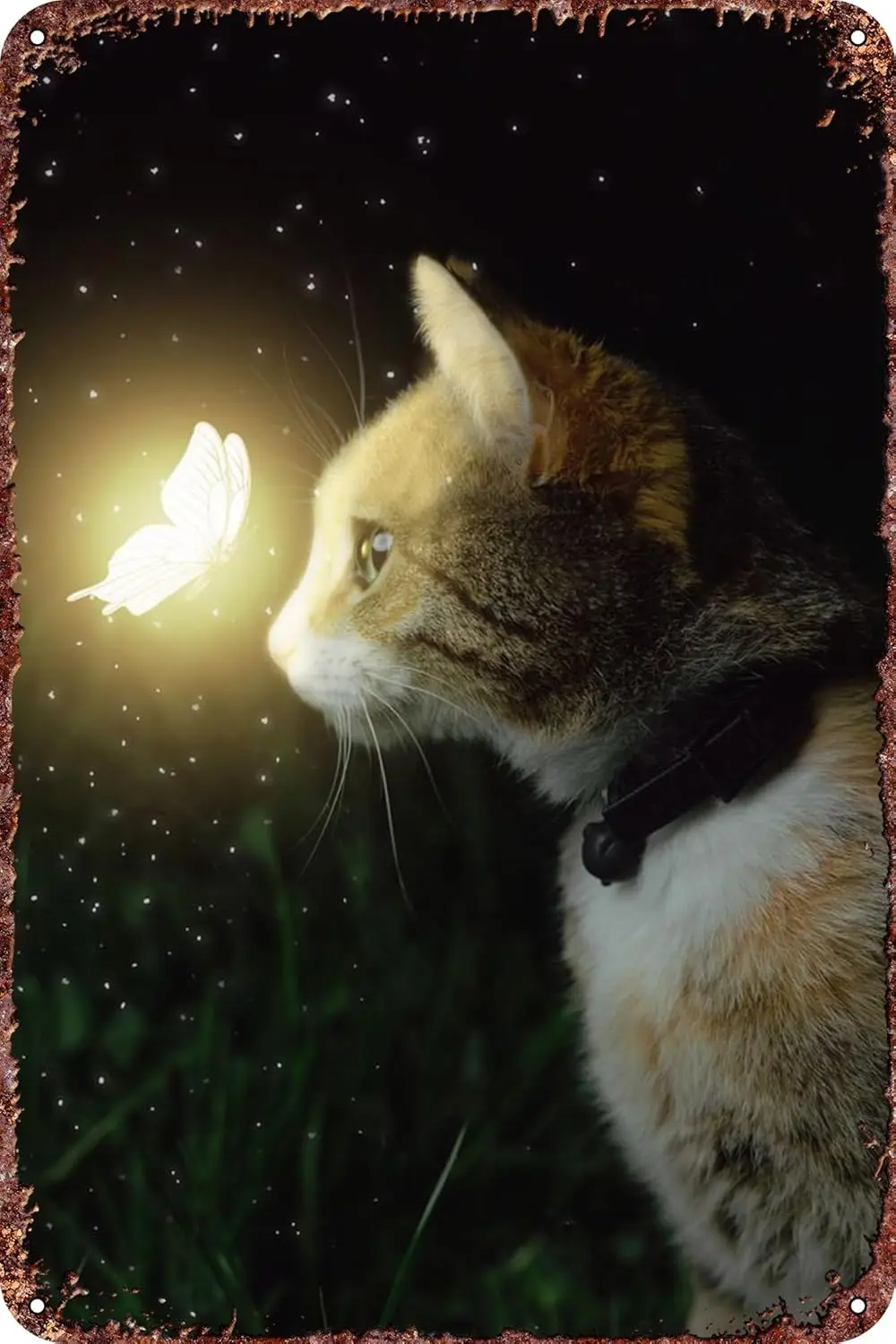 Cat and glowing butterfly Poster Retro Funny Metal Tin Sign, Outdoor Home Wall Decoration