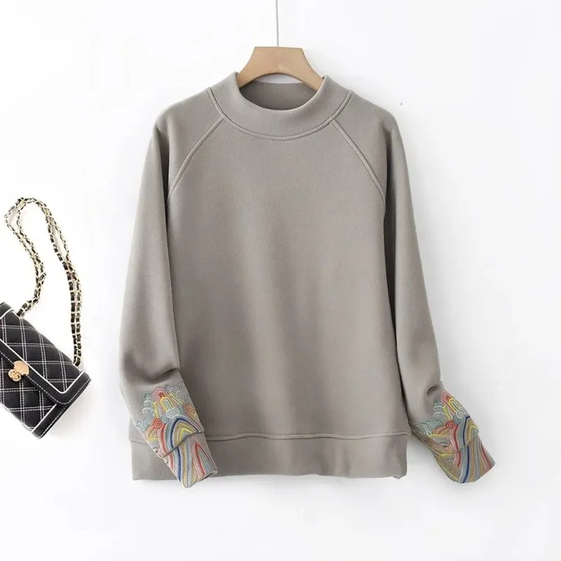 2025, frühling Herbst Neue Stil Nationalen Mode Tops frauen Lose Beiläufige Halb Schildkröte Kragen Einfarbig Vielseitig Pullover Trendy