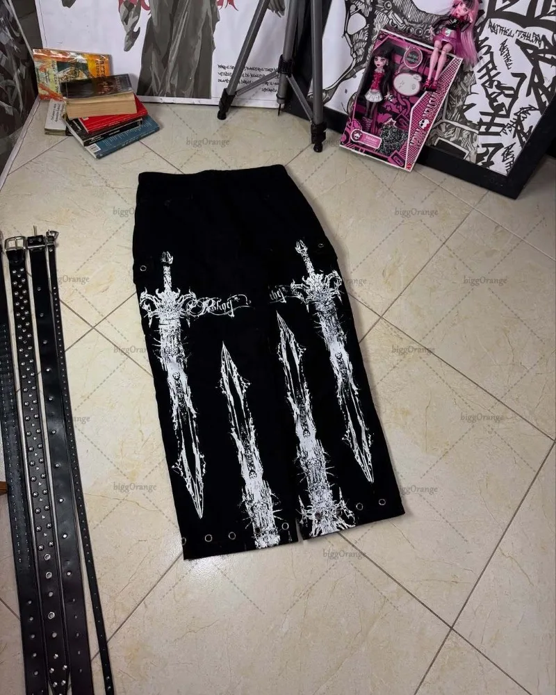 العلامة التجارية العصرية الهيب هوب الشرير الشارع الشهير بنطلون القوطية Harajuku Y2K الجينز النساء شارع العليا الرجعية عادية عالية الخصر واسعة الساق السراويل