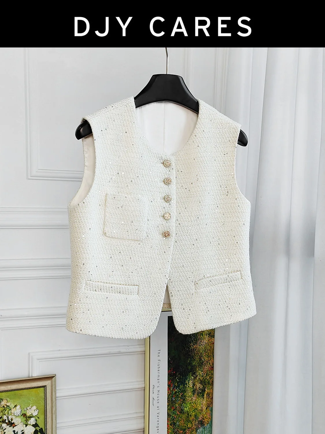 

Новый модный белый короткий жилет из риса с блестками, темпераментный универсальный топ без рукавов большого размера