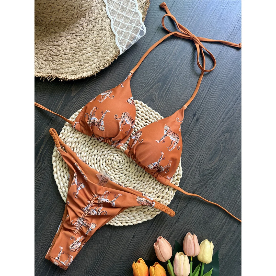 Leopard-Print-Bikini mit Neckholder und Scrunch-Design, Damen-Badeanzug, zweiteiliges Bikini-Set, Badebekleidung, Badeanzug, Modell V6065. – Detail 14