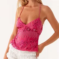Sequin Halter Crop Tops for Women Y2k Pearl Embellished Cami Tops Summer Glitter V Neck Rhinestone Camisole Tank Shirt