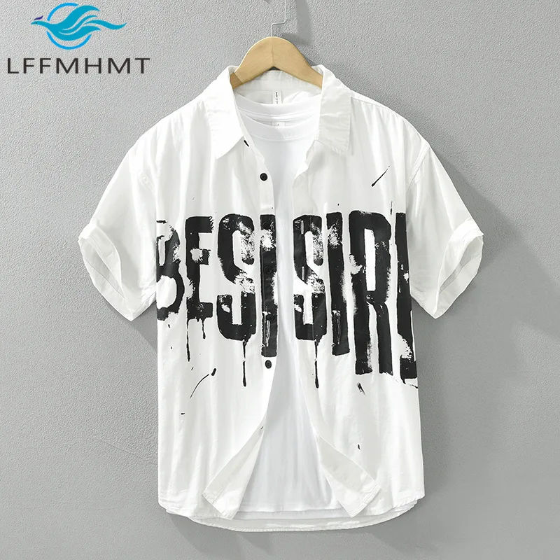 Scary Letter Print Camisas masculinas de manga curta, premium 100% algodão, macio e aconchegante streetwear casual solto, tops chiques, moda verão, 8097