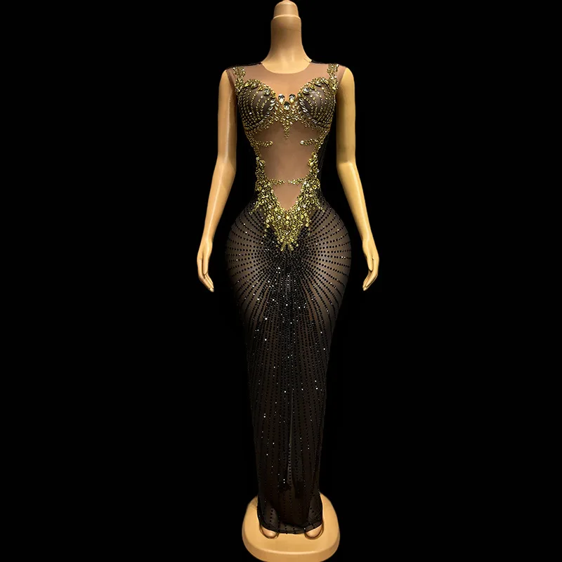 أداء الذهب الأسود فستان الماس مأدبة عيد ميلاد أنيقة فستان نحيل الزفاف نخب المضيف Vestidos De Fiesta Elegante Diseñador