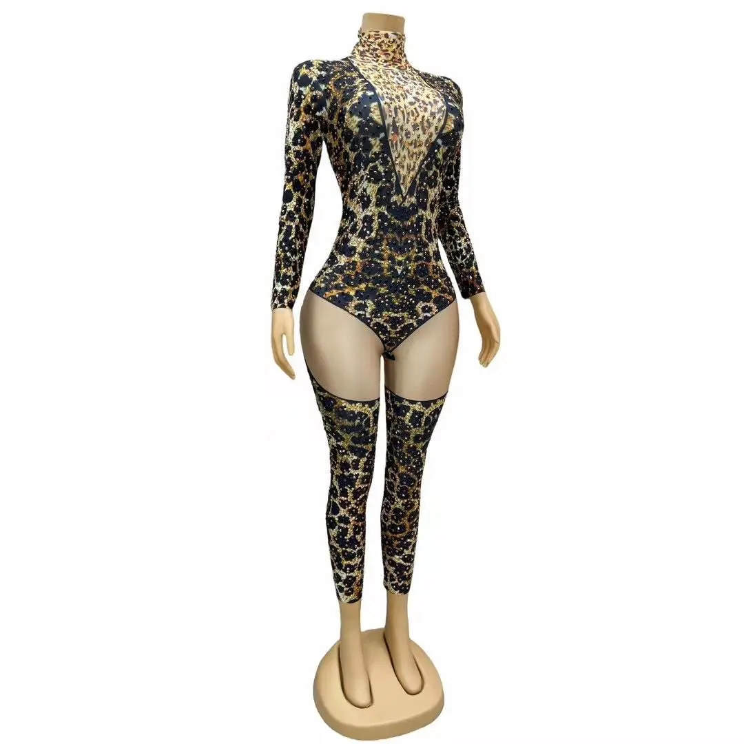 

Stunning Rhinestone Leopard Jumpsuit For Women Singer Queen Outfit Stretch Drag Costume Performance Stage Wear Pole Dance