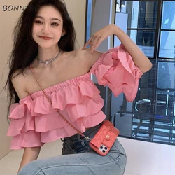 Blouses Women Slash Neck Ruched Ruffles Crop Tops Summer Ins Chic Personality Short Sleeve Korean Fashion Hot Girls Ulzzang BF