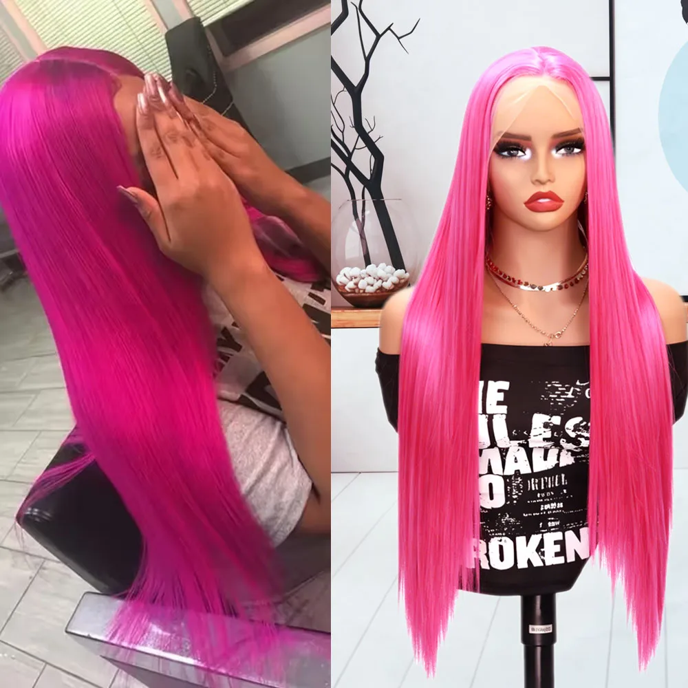 13x4 Rose Red & Pink Lace Front Wig 24 Long Straight Pre-Plucked Natural Hairline Glueless Heat Resistant for Cosplay & Daily