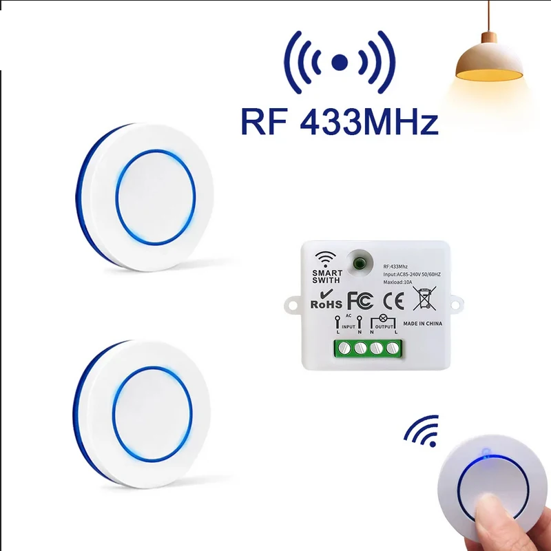 

433MHz Wireless Remote Control Light Switch 220V 110V 10A Relay Controller Mini Round Button Wall Panel Switch For Lighting Led