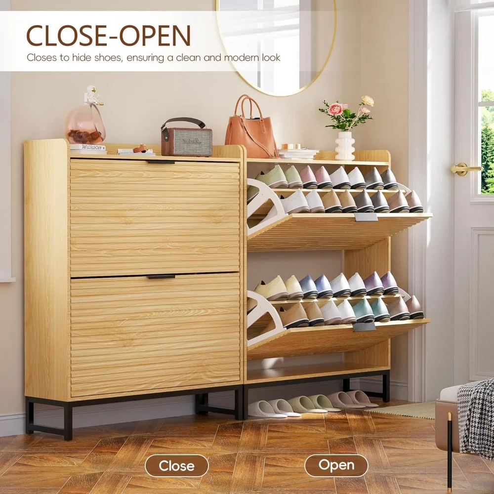 خزانة أحذية خشبية ضيقة قائمة بذاتها مع درجين رفرف للتخزين المخفي