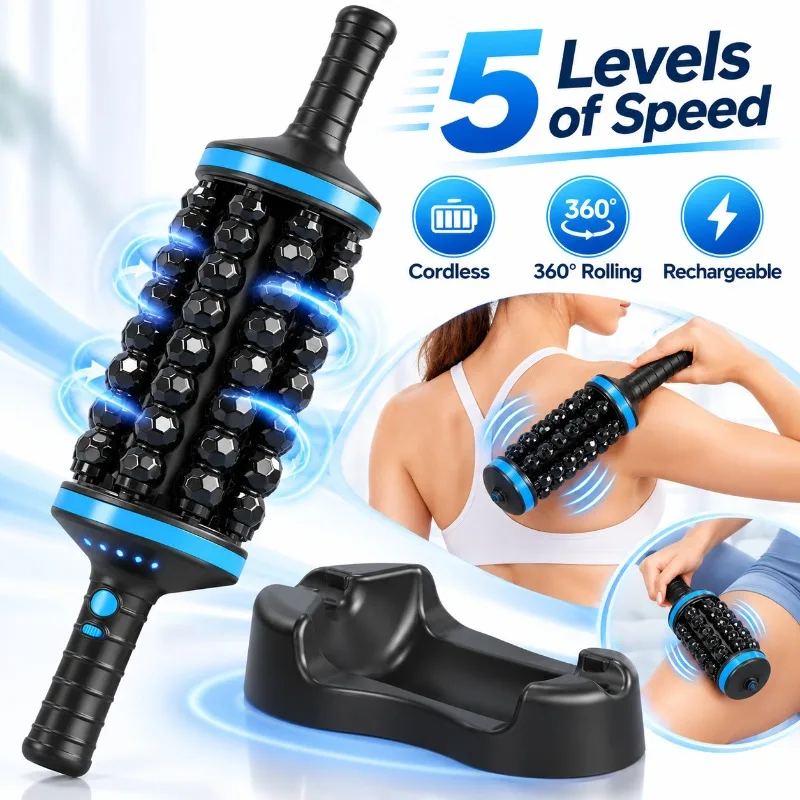 Cordless Vibrating Massage Roller 8-Stick Deep Tissue Muscle Massager Rechargeable 360° Rolling Massage Tool for Full Body
