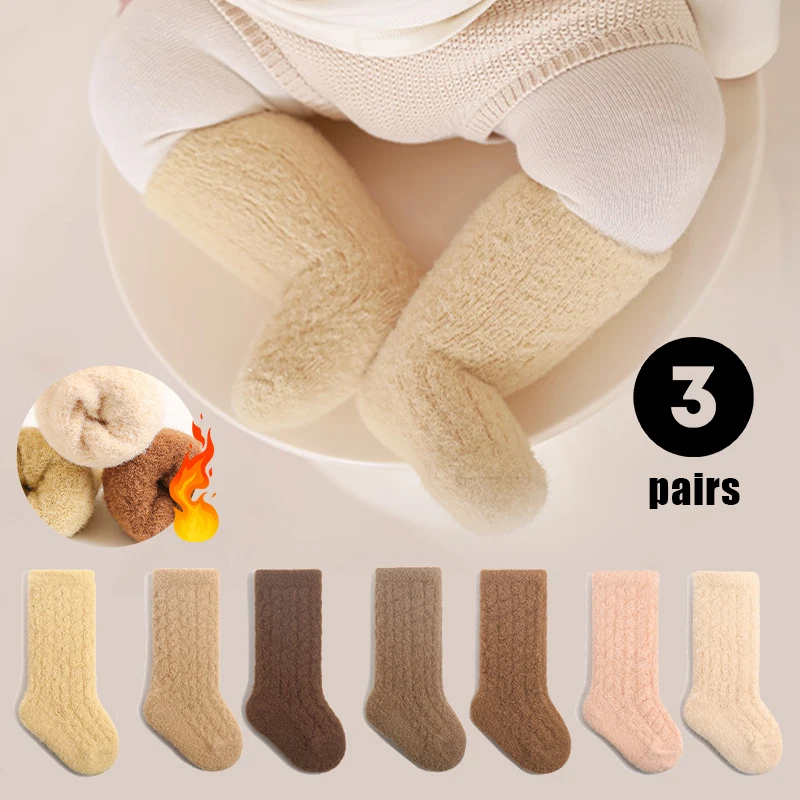 3 Pairs/Lot Winter Newborn Socks Thickened Soft Warm Baby Socks Solid Color Mid-Tube Kids Sock For Bebe