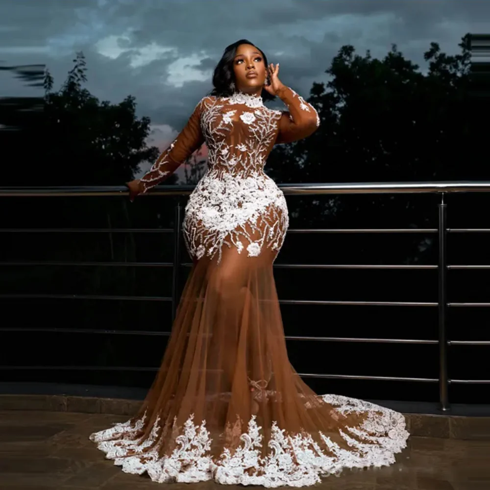 Plus Size Prom Dress Long Tulle Applique See Through Full Sleeves Transparent Mermaid Beading Prom Gowns Aso Ebi Evening Dresses