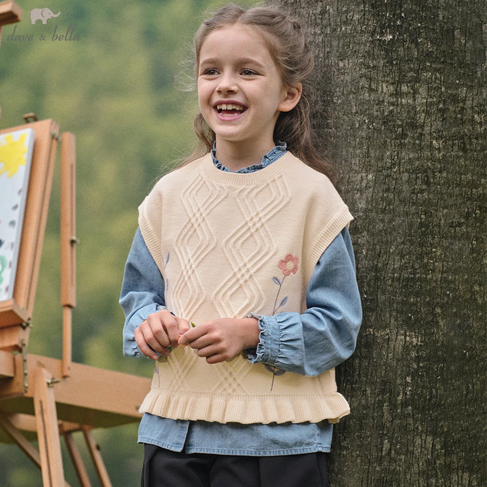 Dave Bella Autumn Spring Sleeveless Sweater Vest for Grils Kids Emvroidery Sweater Outerwear Children Vest Clothes DK3252381