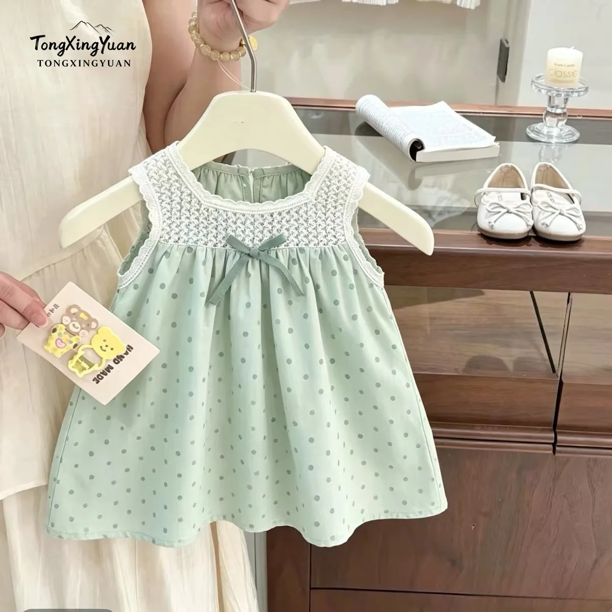2026 Girls Vacation Style Super Beautiful Hollow Baby Girl Young Kids Polka Dot Green Vest Dress Trendy