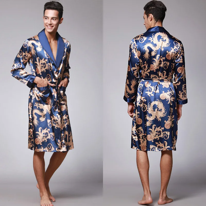 Spring Summer Men's Bathrobes Printed Male Pajamas Long Sleeves Nightwear Sleepwear Satin Silk Robe Pyjama Belt Men Robe MY1165