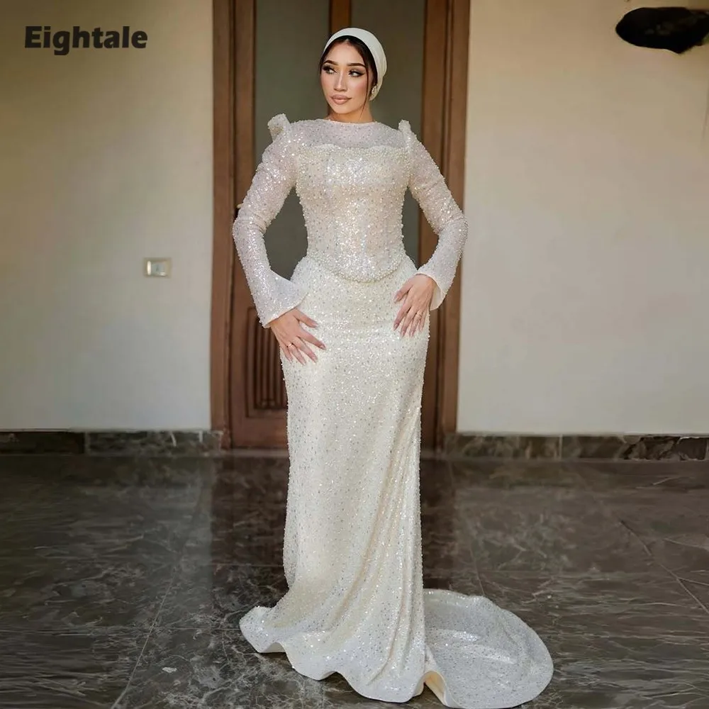 

Eightale Arabic Evening Dress O-Neck Muslim Long Sleeves Sequin Plus Size Mermaid Prom Wedding Party Gowns