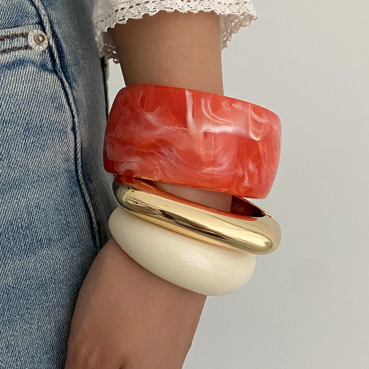 Salircon 3 Styles Punk Big Geometric Acrylic Resin Wide Bracelet Bangles Women Vintage Square Gold Color Metal Bracelets Jewelry