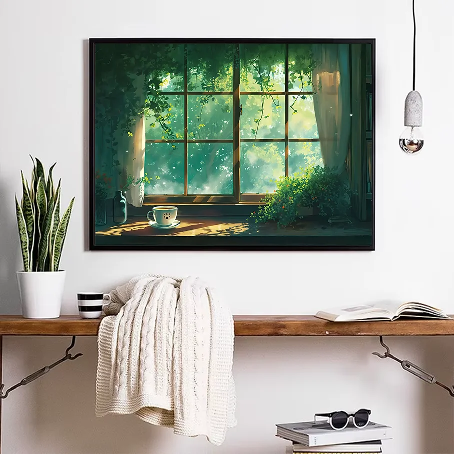 Anime Style Green Forest Window View Canvas Print Wall Art Black Frame Nature Sunlight Coffee Cup Living Room Decor