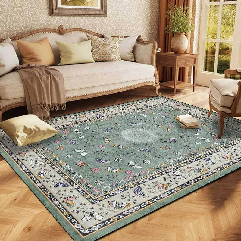 American Retro Elegant Countryside Butterfly Flower Light Blue Living Room Bedroom Bedside Non Slip Carpet Floor Mat
