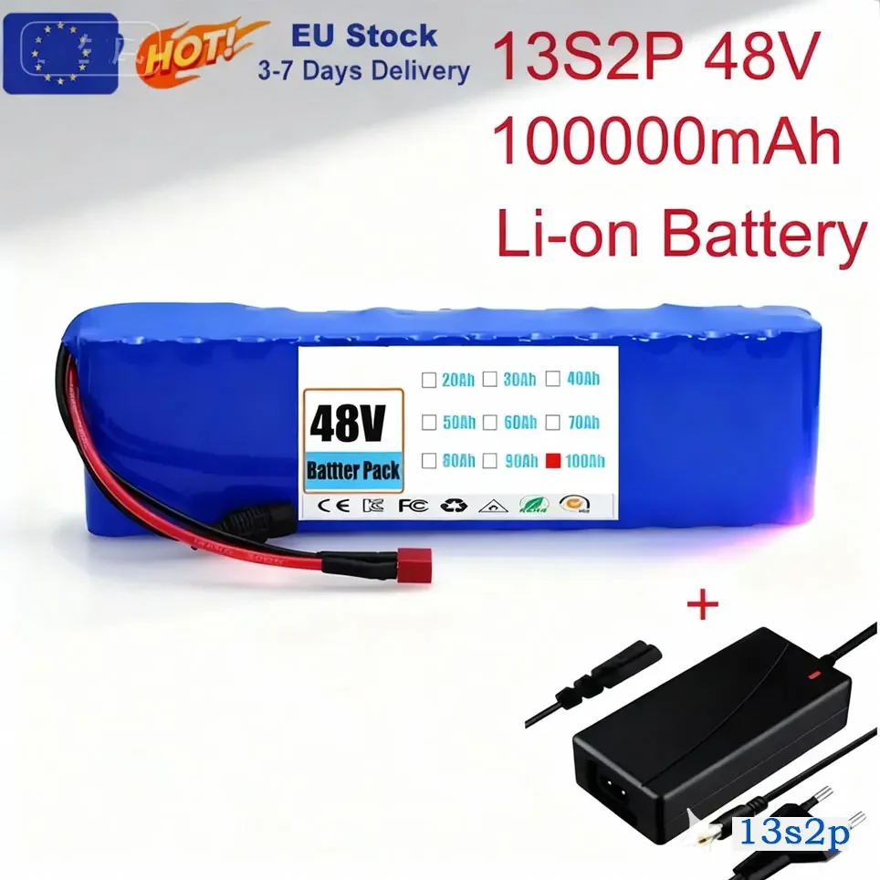13S2P 48V 100000mAh 100Ah Lithium-Ionen-Akkupack mit 250W 350W 500W 750W 1000W BMS und einem kostenlosen 54,6V Ladegerät
