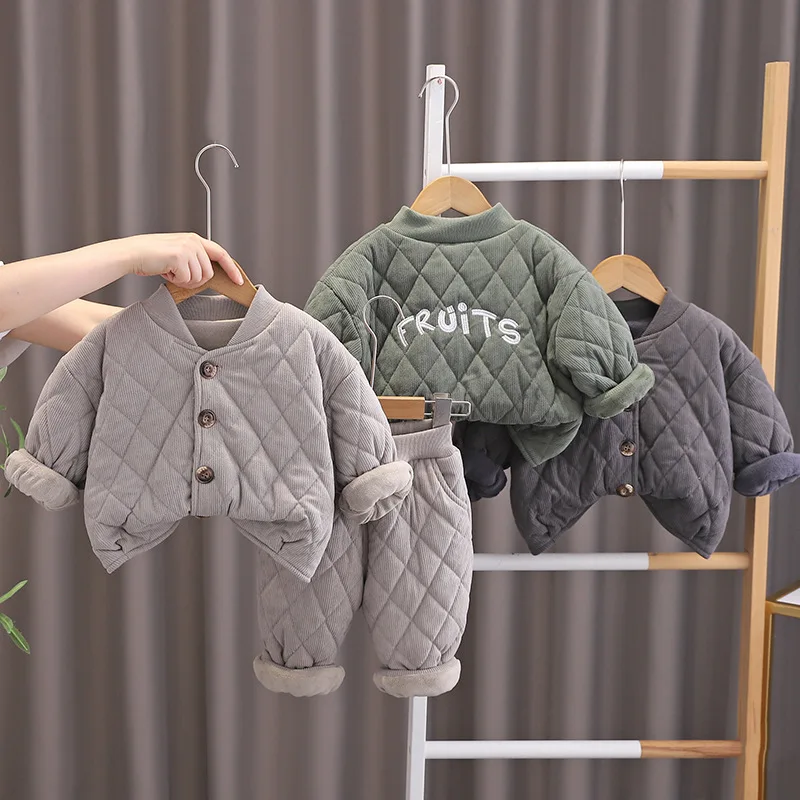 ZOETOPKID Trendy Children's Warm Diamond Long Sleeve Set Winter Fashionable Baby Boy Clothes Fleece Lined Two Piece Set