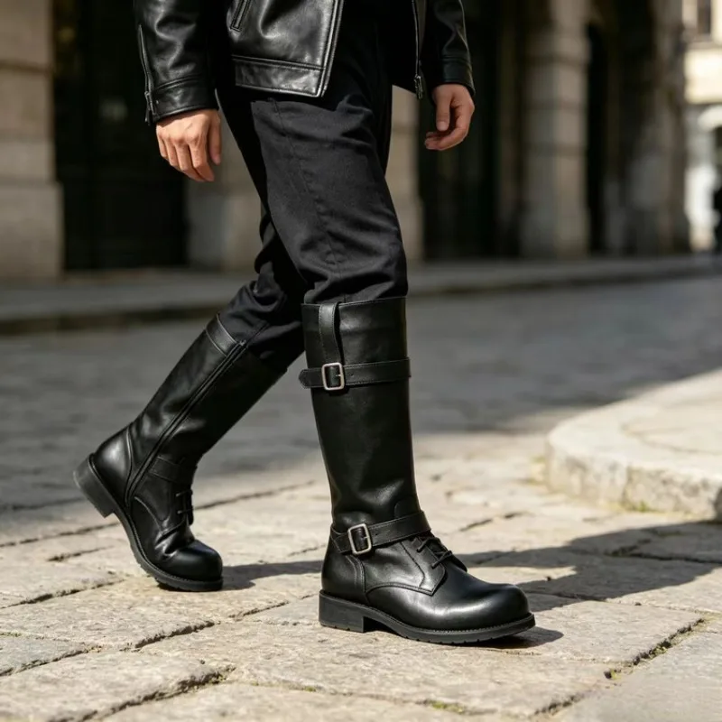 British Women Black Leather Knee High Boots Desiger Zip Long Motorcycle Shoes Antique Cosplay Stage Botas Casual Comfort Zapatos