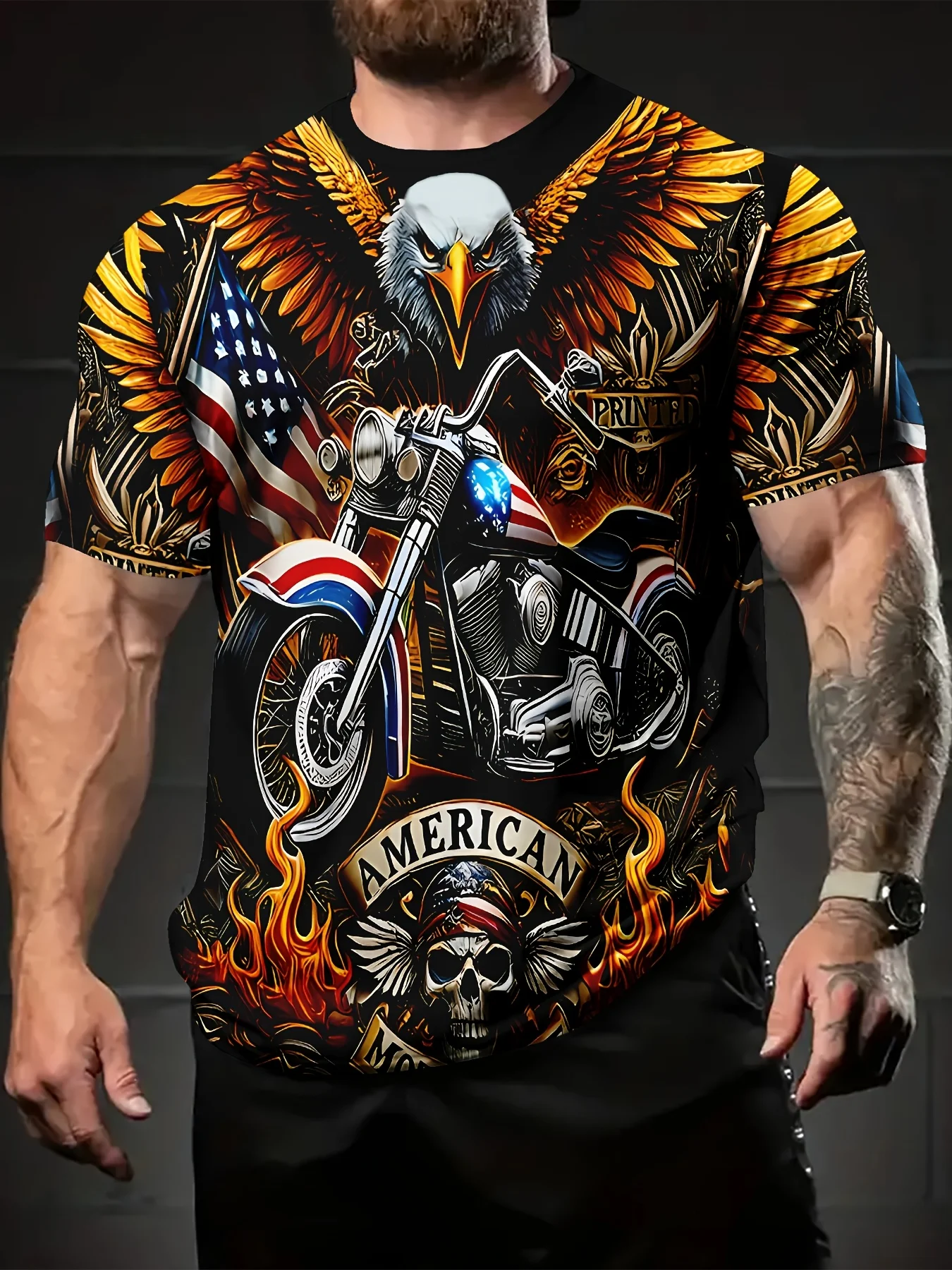 Herren American Eagle Motorrad-Print T-Shirt Lässiger O-Ausschnitt Kurzarm Vintage Biker Grafik-T-Shirt Streetwear Oberteil – Detail 2
