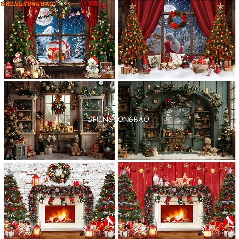 Christmas Tree With Gift Boxes Photography Backdrops Winter Snow Decorations Wooden Door Fireplace Room Background Props ST-05