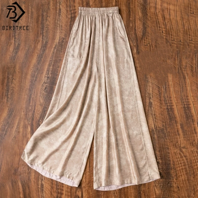 

Birdtree, 100% Real Silk Reversible Pants, Women Liao Ling Jacquard Wide Leg Trousers, Elastic Waist, 2026 Summer New P65925JF
