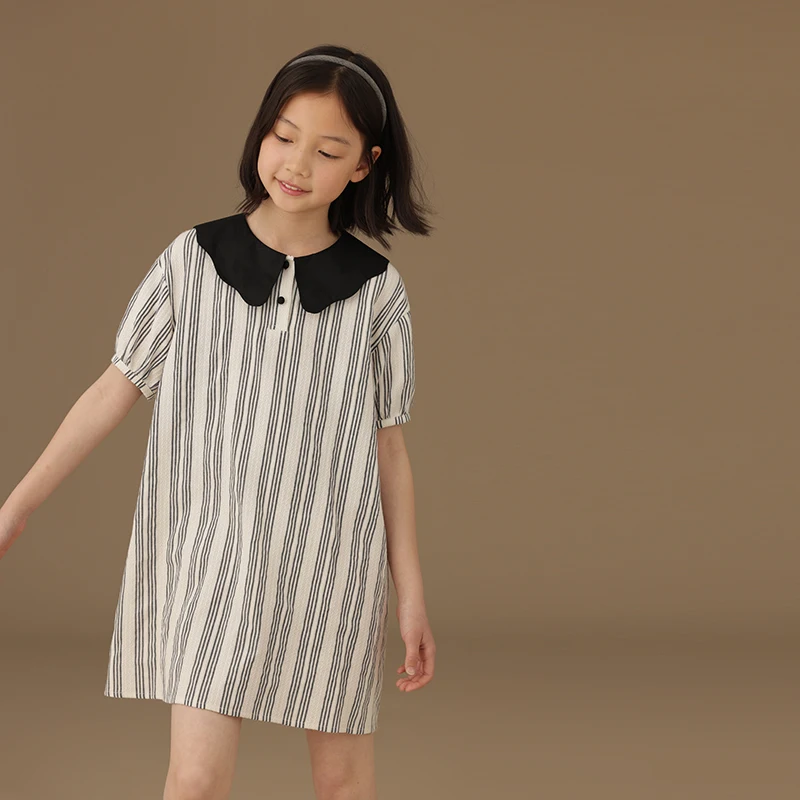 

kids clothes girl black striped kids dress lace large lapel short sleeve loose skirt girl summer dress sundress birthday dress