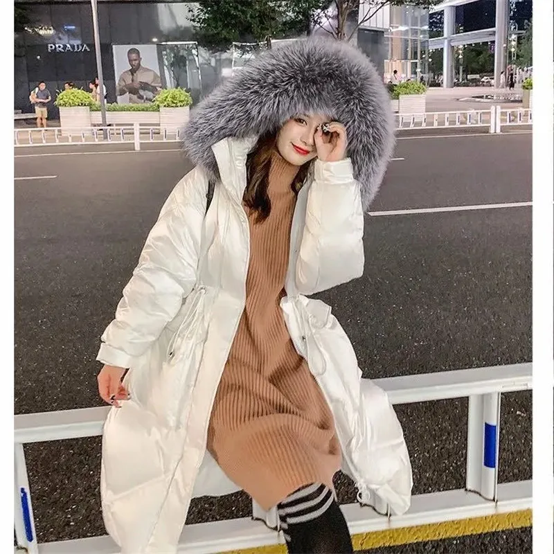 Winter big Fur collar Hooded Jacket 2024 New Korean Women\'s Loose Glossy Cotton Jackets Warm Thicken Female Parka Long Overcoat