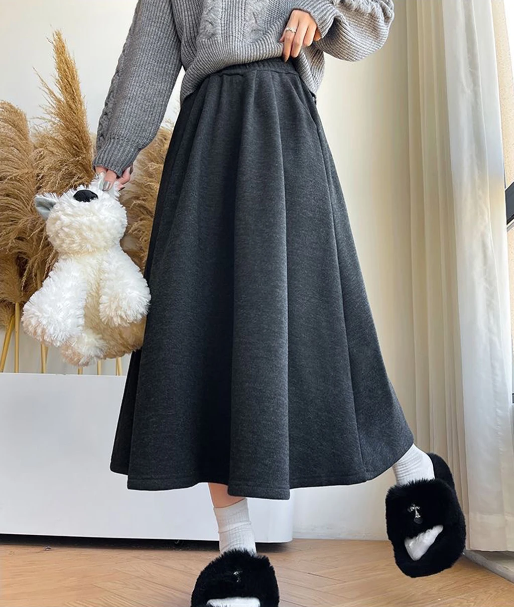 Women's beige high-waisted loose long dress for autumn and winter 2025, casual A-line dress, elastic waist, soft and comfortable
