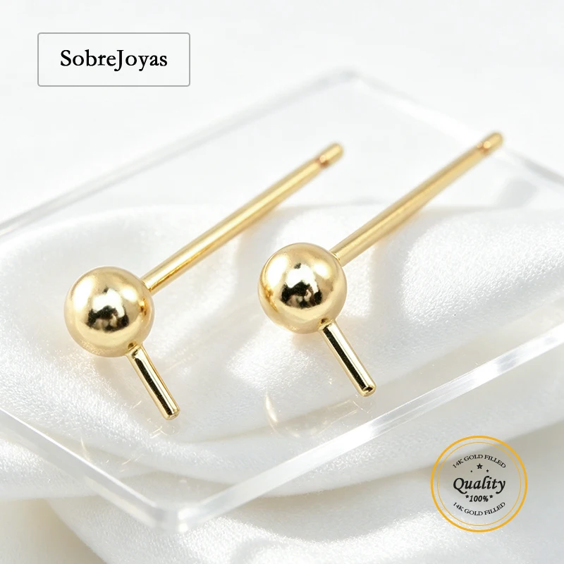 14k Gold Filled Ball Stud Earring Posts with round Bead And Side Peg Tarnish-Resistant Jewelry Making Findings for DIY Crafts