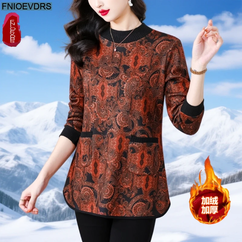 

L-3XL Loose Clothes New Year Date Girls Women Autumn Winter Elegant Basic Shirts Retro Tunic Floral Warm Velvet Tops And Blouses