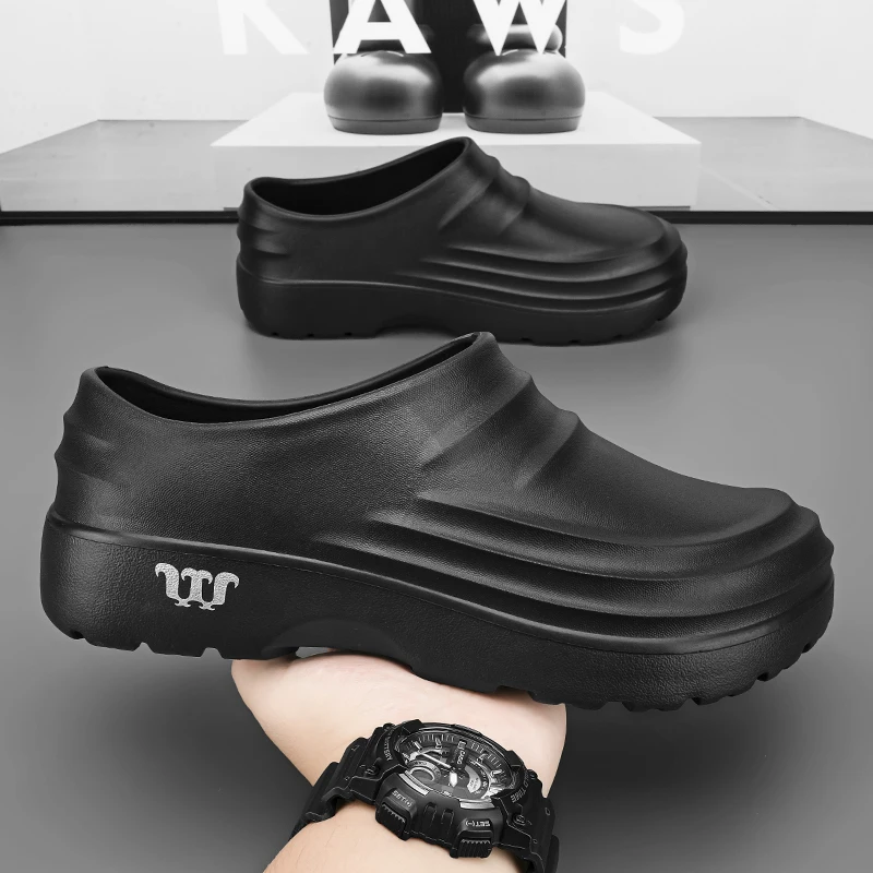 Unisex Black EVA Chef Work Shoes High Elastic Soft Waterproof Anti Slip Closed Toe Slip On Kitchen RestaurantRain Platform Shoes