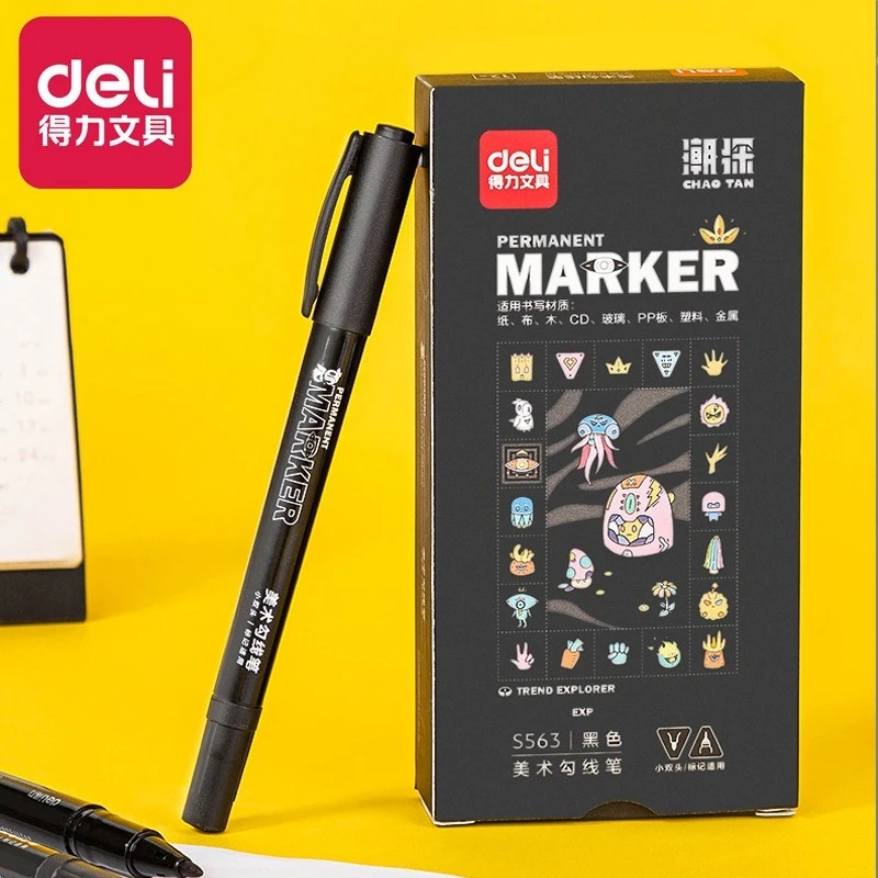 Deli-bolígrafos artísticos de doble punta, bolígrafo Fineliner, bolígrafo de dibujo técnico, punta fina, negro, impermeable para acuarela, bocetos, Anime,Manga