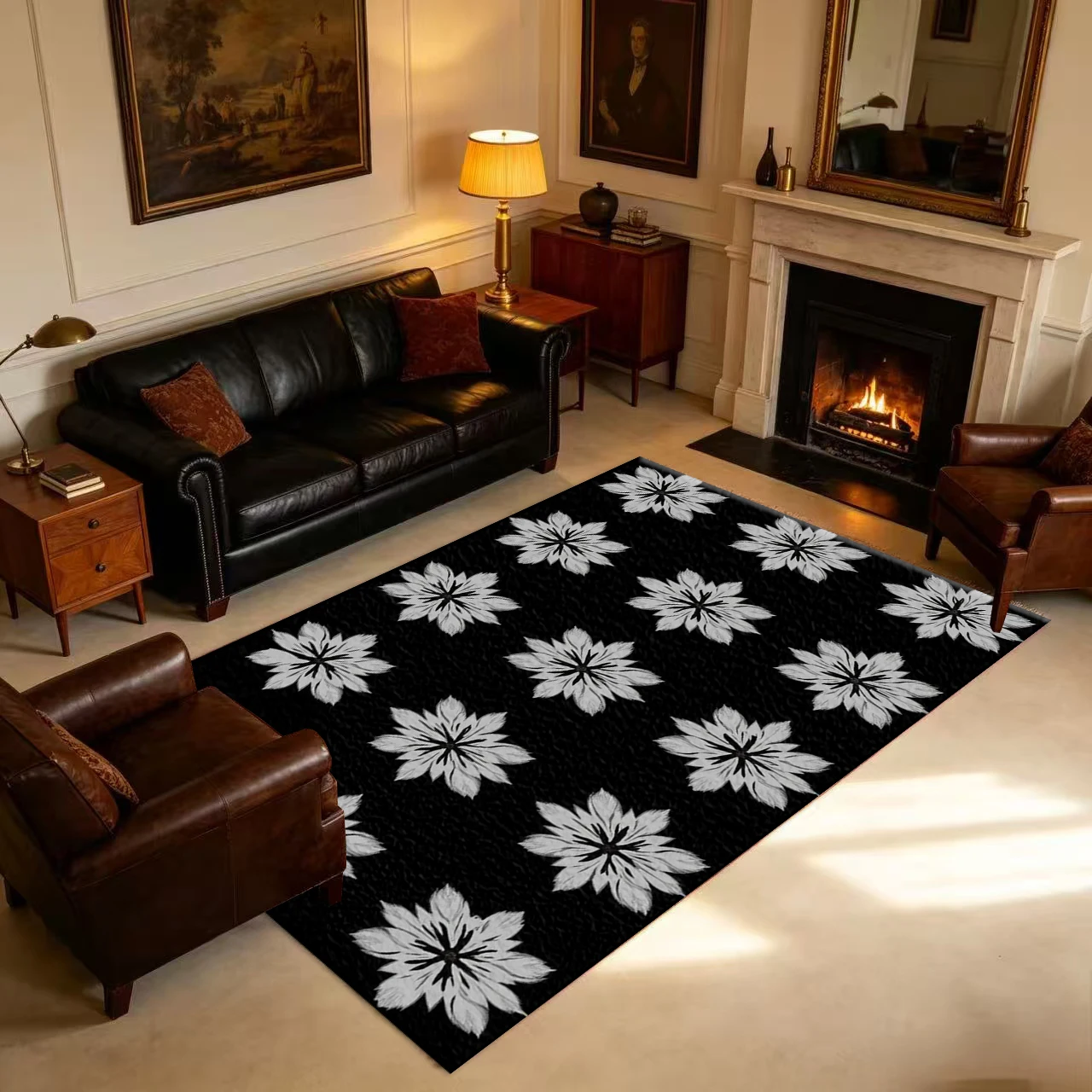 Black White Geometric Floral Seamless Carpet Flooring Anti-Slip Floor Rug For Bedroom Living Room Home Decor