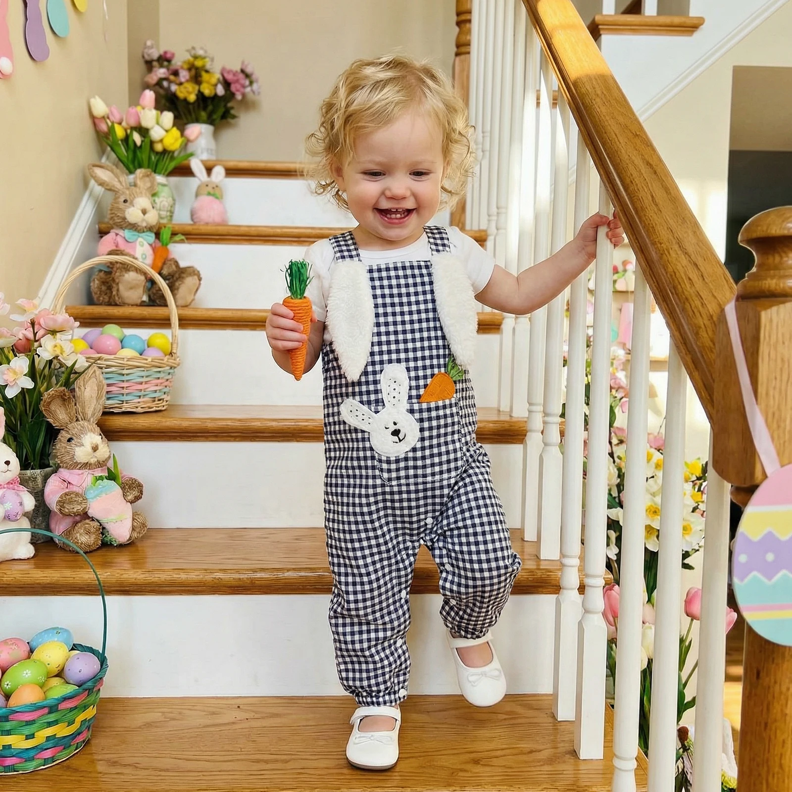 

Baby Jumpsuit Sleeveless Plaid Embroidery Rabbit Carrot Overalls Easter Clothes for Girls Boys