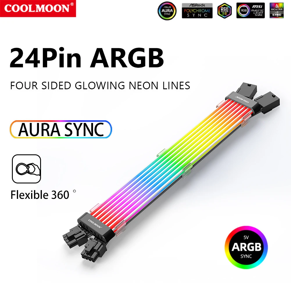 

COOLMOON Light Bar 8Pin/24Pin ARGB Светодиодная гибкая световая панель 5V Sync Замена Многофункциональный DIY для блока питания