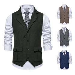 Men's Tweed Suit Vest Retro Lapel Waistcoat With Pockets