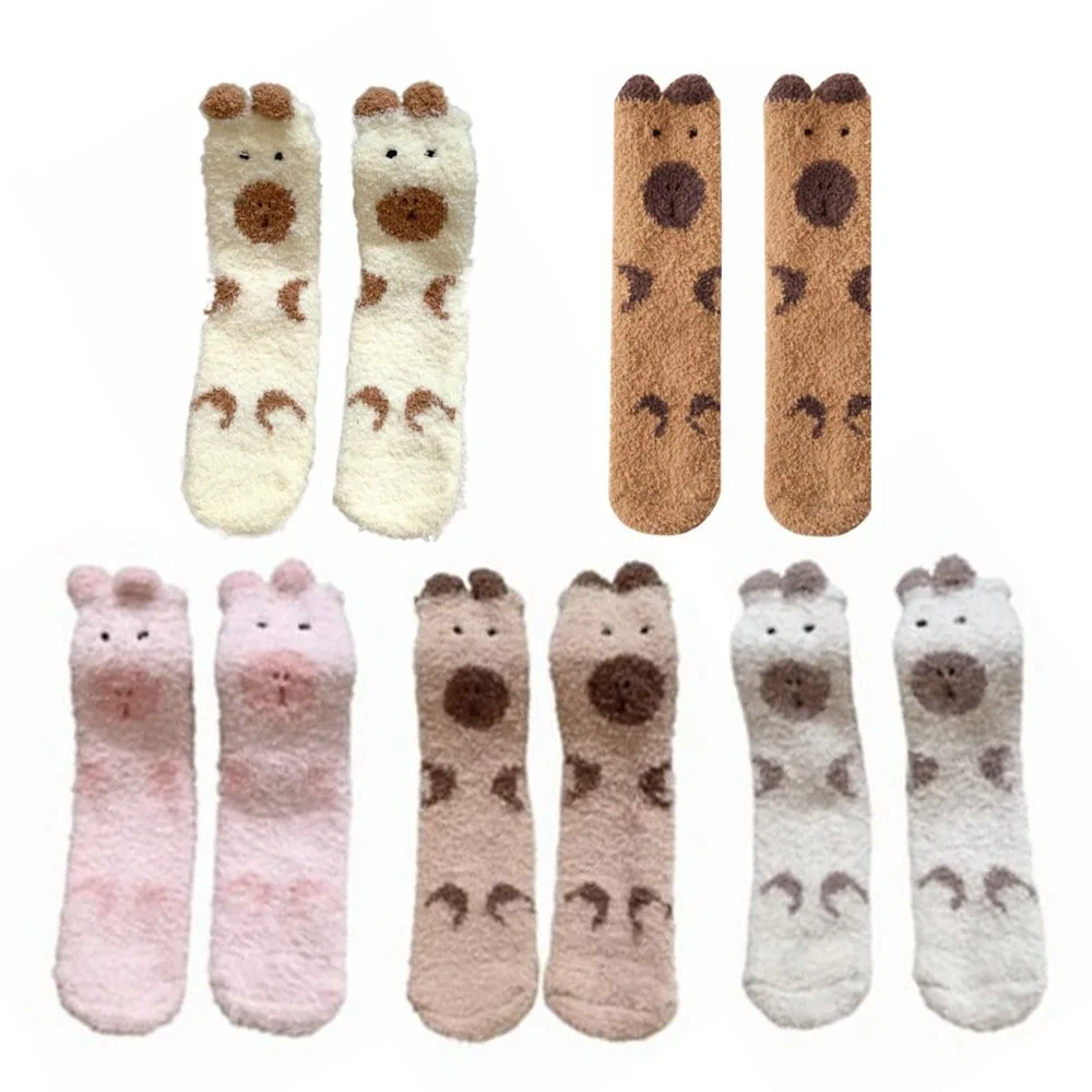 

5Pairs Sweet Plush Capybara Fleece Socks Thicken Warm Coral Fleece Socks Soft Kawaii Sleeping Socks Women Girls