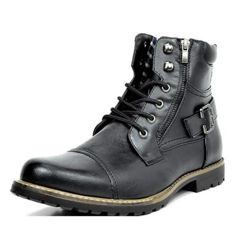 Fashion Men Boots Leather Round Toe Grid Pattern Square Heel Males Shoes Exquisite Leisure Design Men Motorcycle Boot Size 38-48 image 3