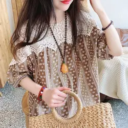 Femme Spring Summer Korean Fashion Printing Color Blocking O-neck Pullovers Women Clothing Simplicity Hollow Out Long Sleeve Top