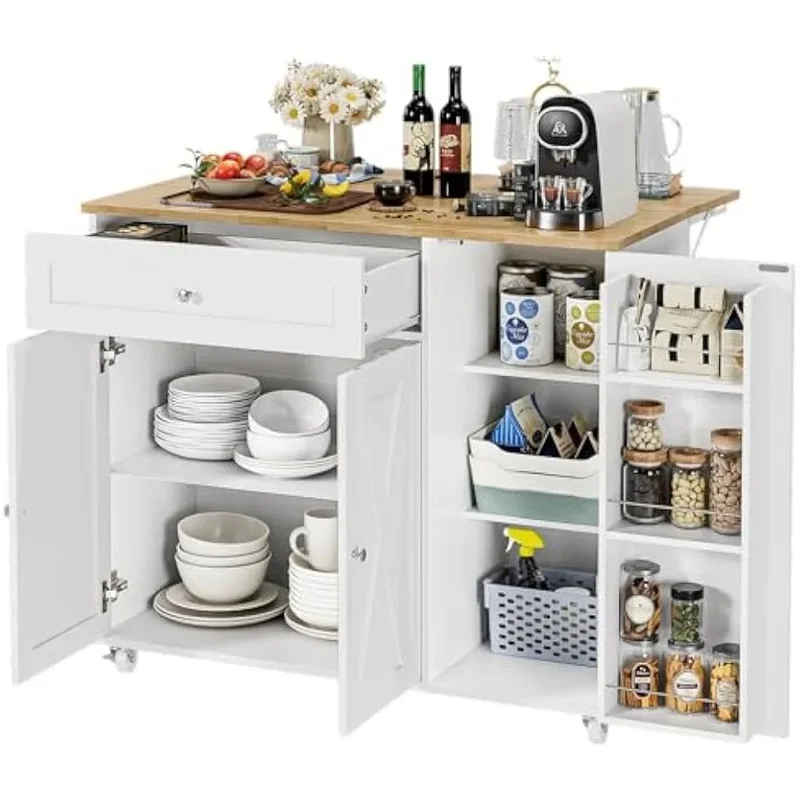 

Универсальная кухонная островная тележка на колесиках с местом для хранения, подставкой для специй, ящиком и вешалкой для полотенец