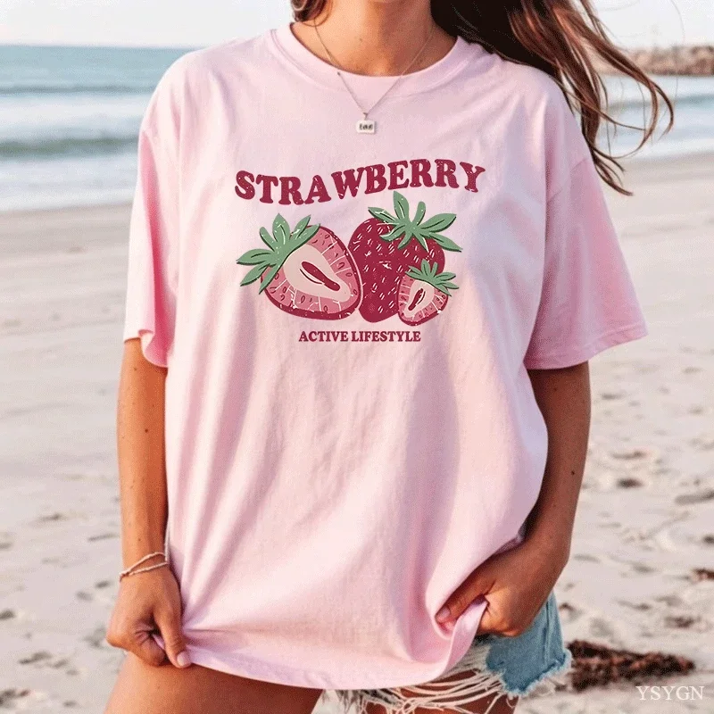 Women T-shirt Cute Fresh Strawberries Printed Tee Shirt Summer Comfortable Loose Tops Street Fashion Female Clothes T Shirt